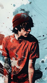 Portrait of pensive youth in red with bold paint splashes.
