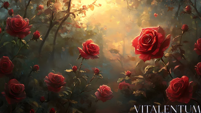 Vibrant Red Roses in Golden Forest Light