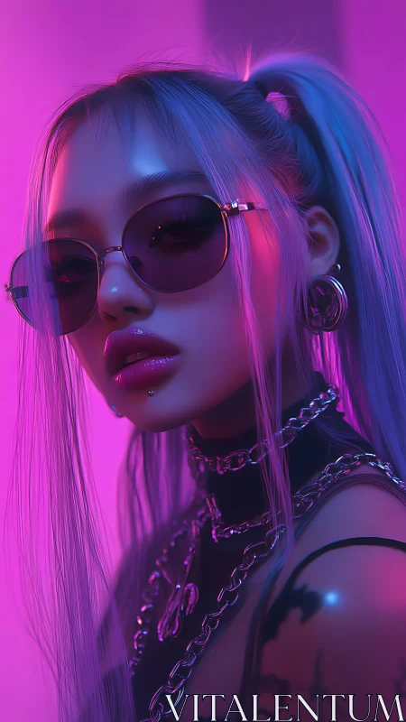 Neon lit style icon glows in soft cyberpunk pink and violet light