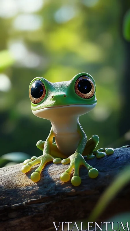 Bright eyed tree frog resting on a sunlit forest branch.