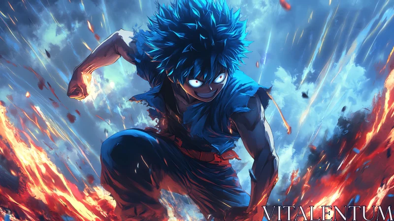 Blue haired battle comet charging through shattered sky.