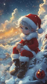 Cozy little Santa daydreaming above a glowing winter town.