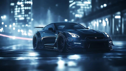 Widebody GT coupe rendered in wet neon-lit urban nightscape