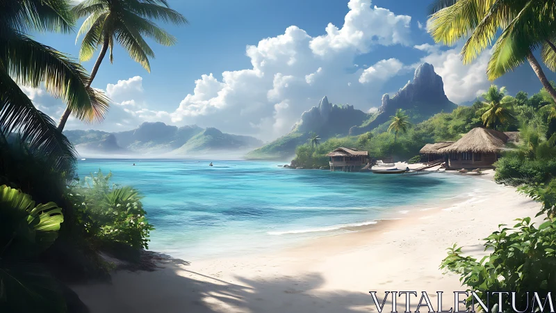 Tropical Paradise Lagoon with Volcanic Peaks.