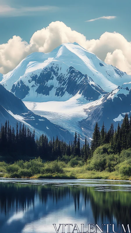 Snow-covered mountain, conifer forest, and reflective lake view.