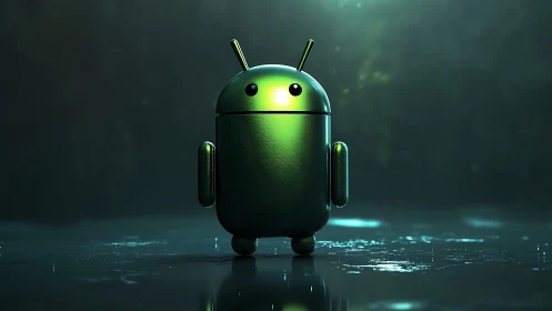 Metallic green android mascot glows on reflective floor.
