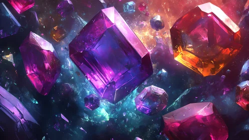 Vibrant cosmic crystals drift through a glowing nebula sky