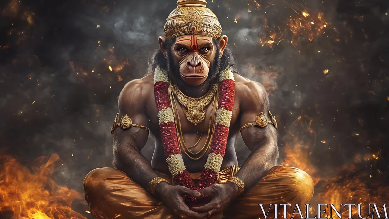 Fiery monkey warrior meditates in divine garlands and gold.