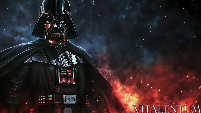 Dark armored figure stands over erupting fiery landscape