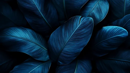 Macro closeup of overlapping blue tropical leaves in low light