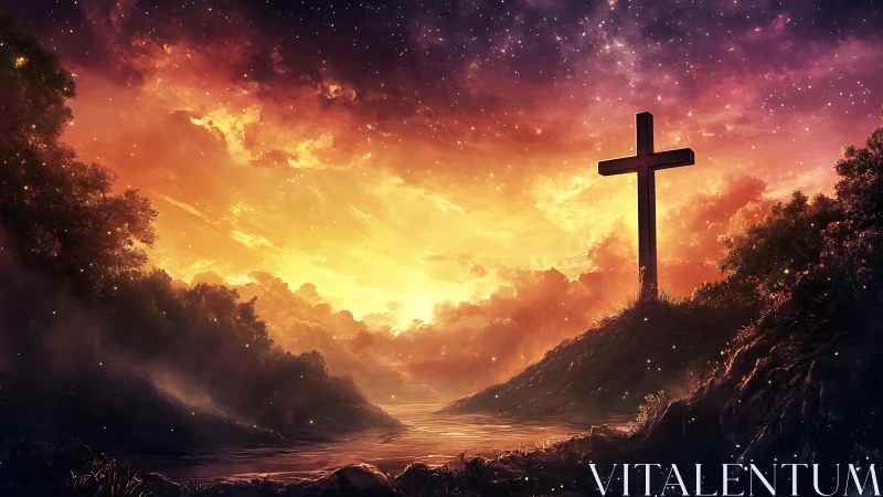 Sunset cross glowing over a quiet river of gentle light.