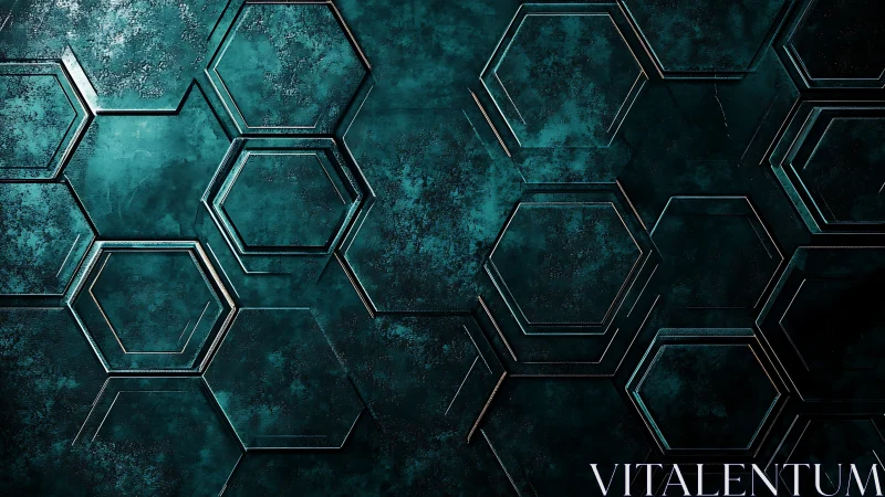 Hexagonal metal lattice with teal patina and shallow relief geometry.