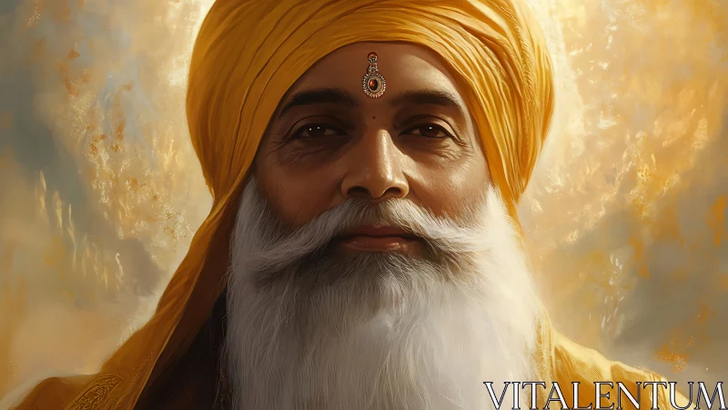 Elderly Sikh man in yellow turban against glowing backdrop.