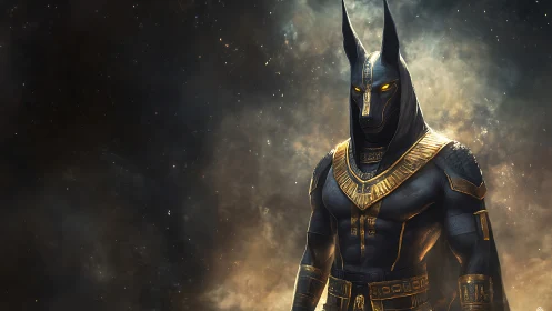 Armored Anubis warrior stands in cosmic dust haloed light