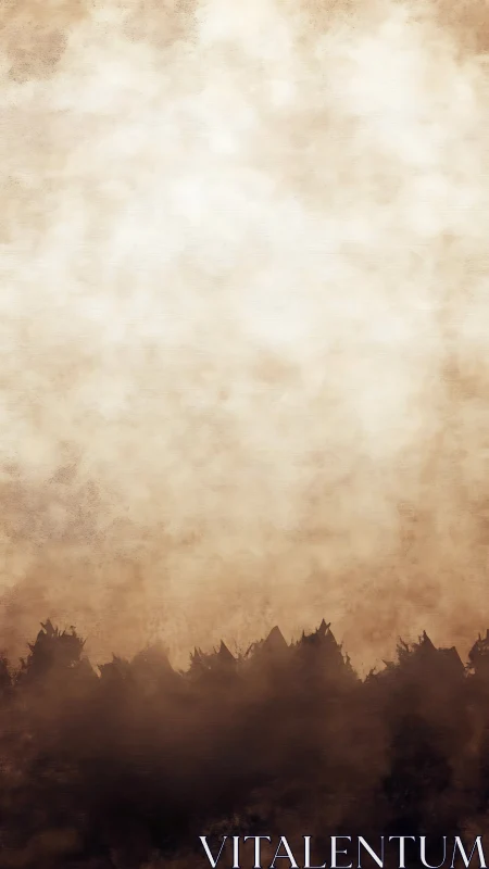 Sepia forest silhouette dissolves into atmospheric textured sky