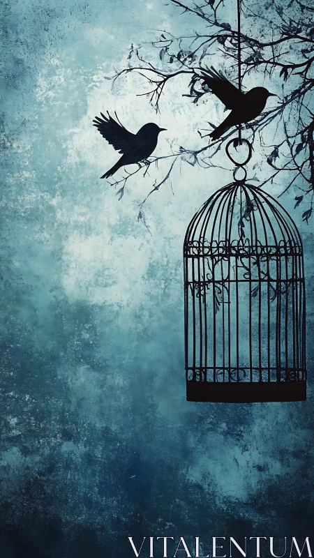 Silhouetted birds circle an empty cage in moonlit blue dusk.