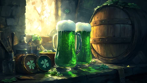 Emerald tavern brews glow beside clover-kissed barrel.