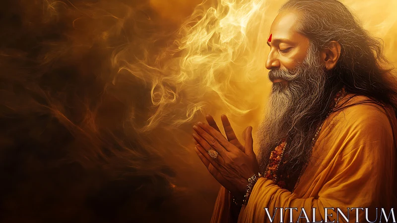 Elderly man in prayerful pose amid swirling golden light.
