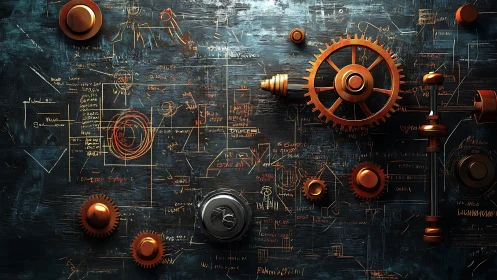Copper mechanical gears overlay complex engineering schematics