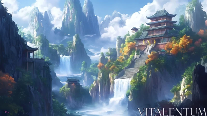 Temple terraces above misty waterfalls in celestial valley.