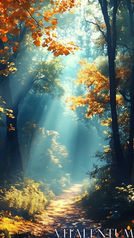 Luminous Forest Path: Autumn Canopy Light Effect.