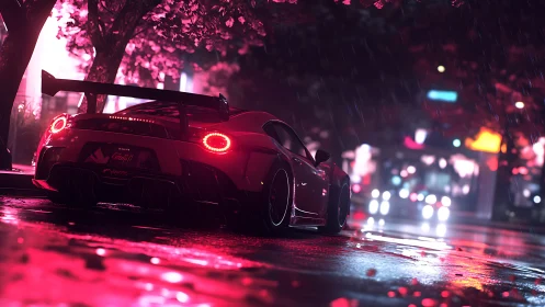 Neon rain cruise with a crimson street racer at dusk.