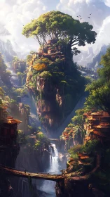 Floating forest citadel rises above misty waterfall valley.