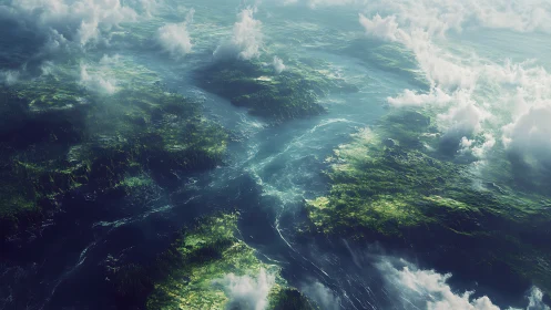 Emerald archipelago drifts beneath swirling coastal clouds.
