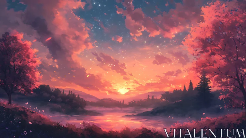 Digital landscape of river, trees and clouds at sunset.