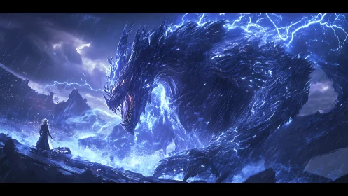 Electrified storm dragon confronts cloaked warrior amid rain-swept chasm