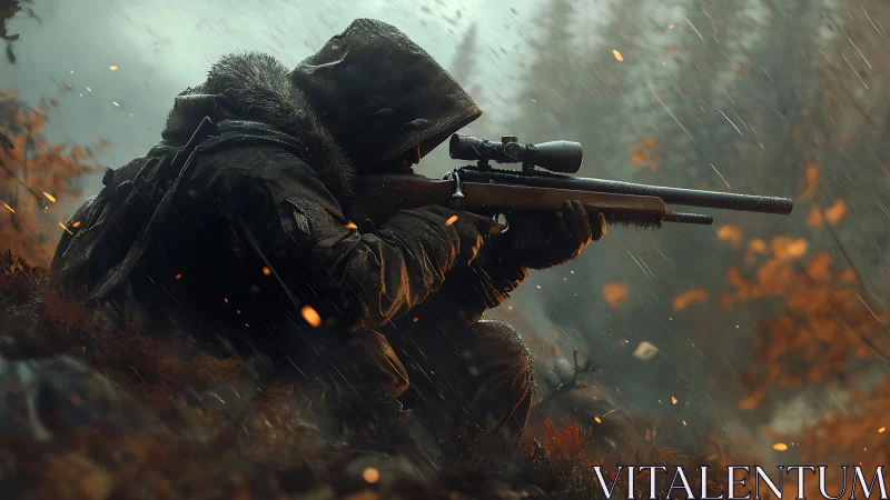 Sniper in hooded gear aiming rifle in harsh rainy forest.