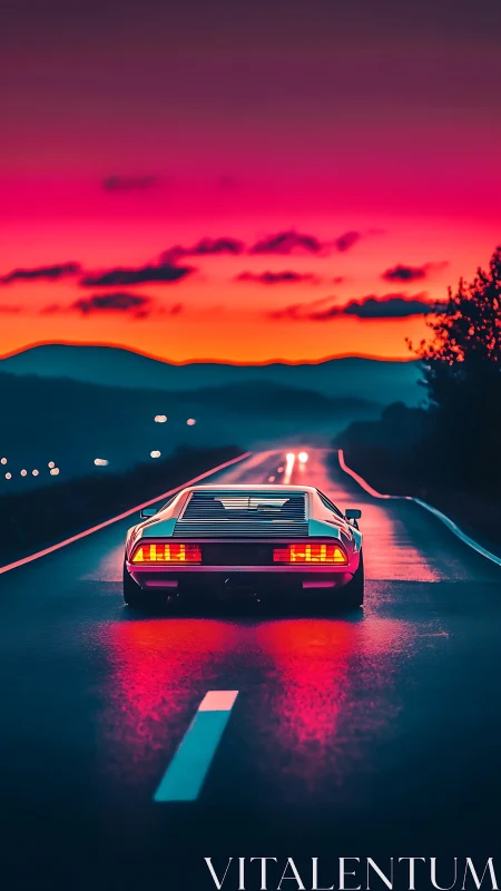 Retro sports car on neon highway at cinematic sunset glow.