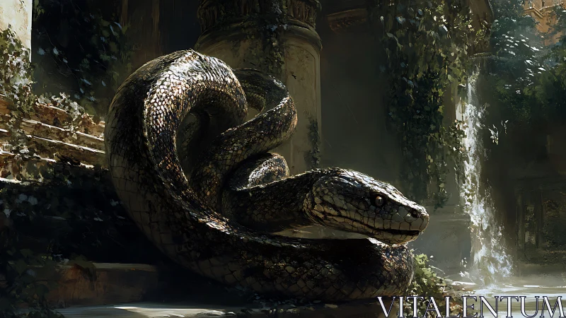 Coiled serpent dominates overgrown ruins in dappled light.