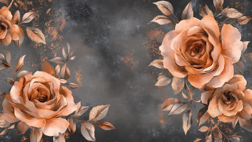 Orange roses with copper leaf motifs on textured gray surface.