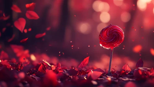 Red lollipop surrounded by petals and bokeh lights.