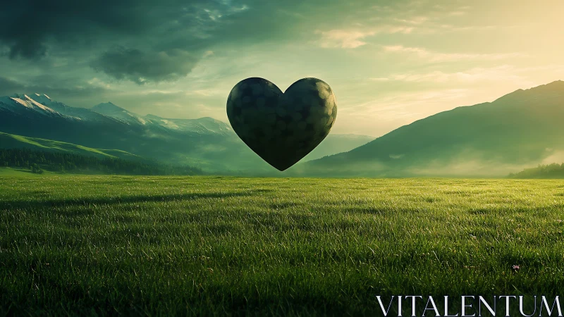 Black heart shape floating above mountain valley grassland