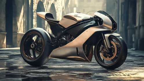 Futuristic sport motorcycle on wet stone street in city