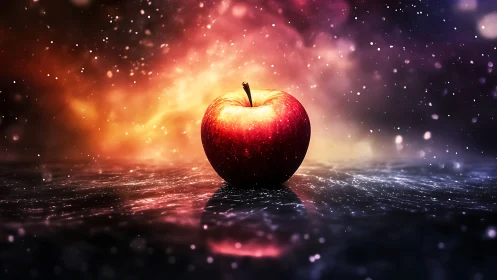 Red apple sits centered on wet reflective surface in glow