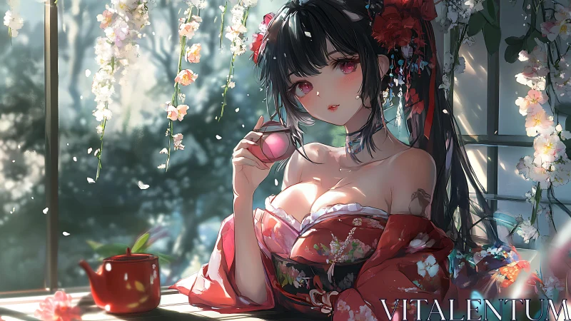 Anime girl in red kimono holding peach in flowered garden