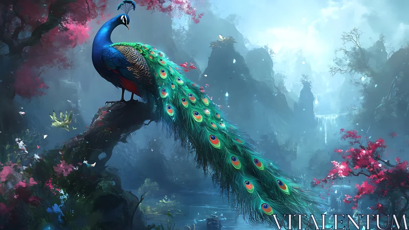 Iridescent peacock on mossed branch in misty fantasy gorge