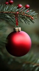 Red Christmas bauble hangs from evergreen branch outdoors