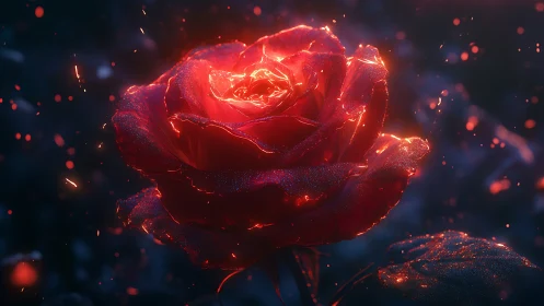 Incandescent red rose macro with ember-like bokeh particles
