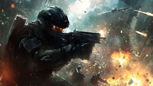 Armored Vanguard Surges Through a Burning Futuristic Warzone.