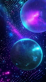 Glowing neon spheres drift through a starry cosmic dance
