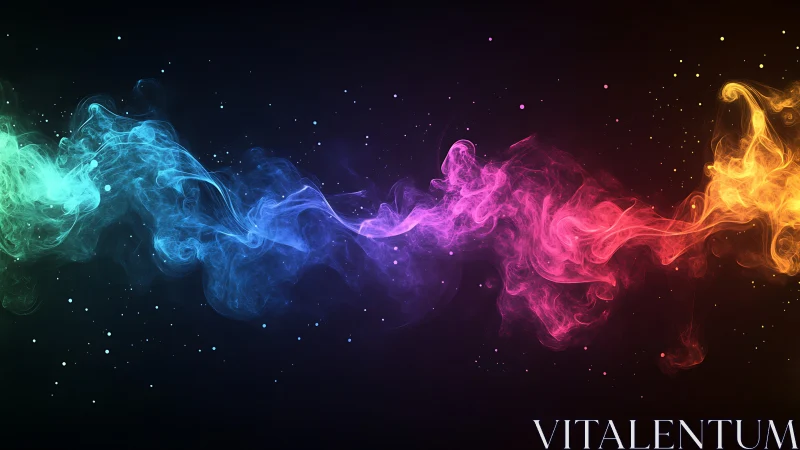Vibrant multicolor smoke wave on dark cosmic gradient background.