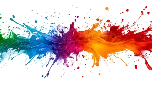 Horizontal spray of multicolor liquid paint on white background.