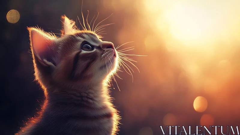 Cat gazes upward in golden sunset light.