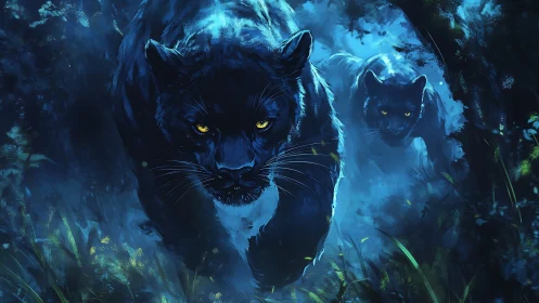 Mystical Panthers in the Enchanted Blue Forest.