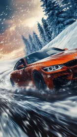 Orange sports coupe drifts through dynamic snowy mountain pass