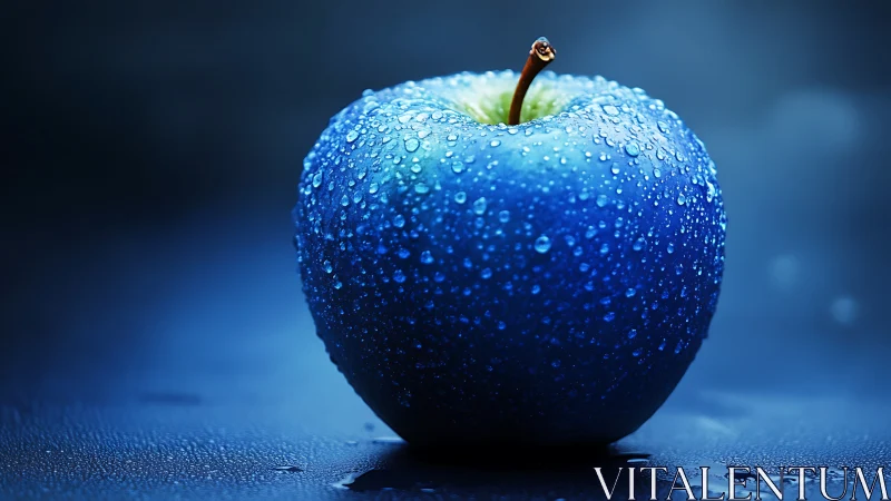 Macro view of dew-coated blue apple under cool directional lighting